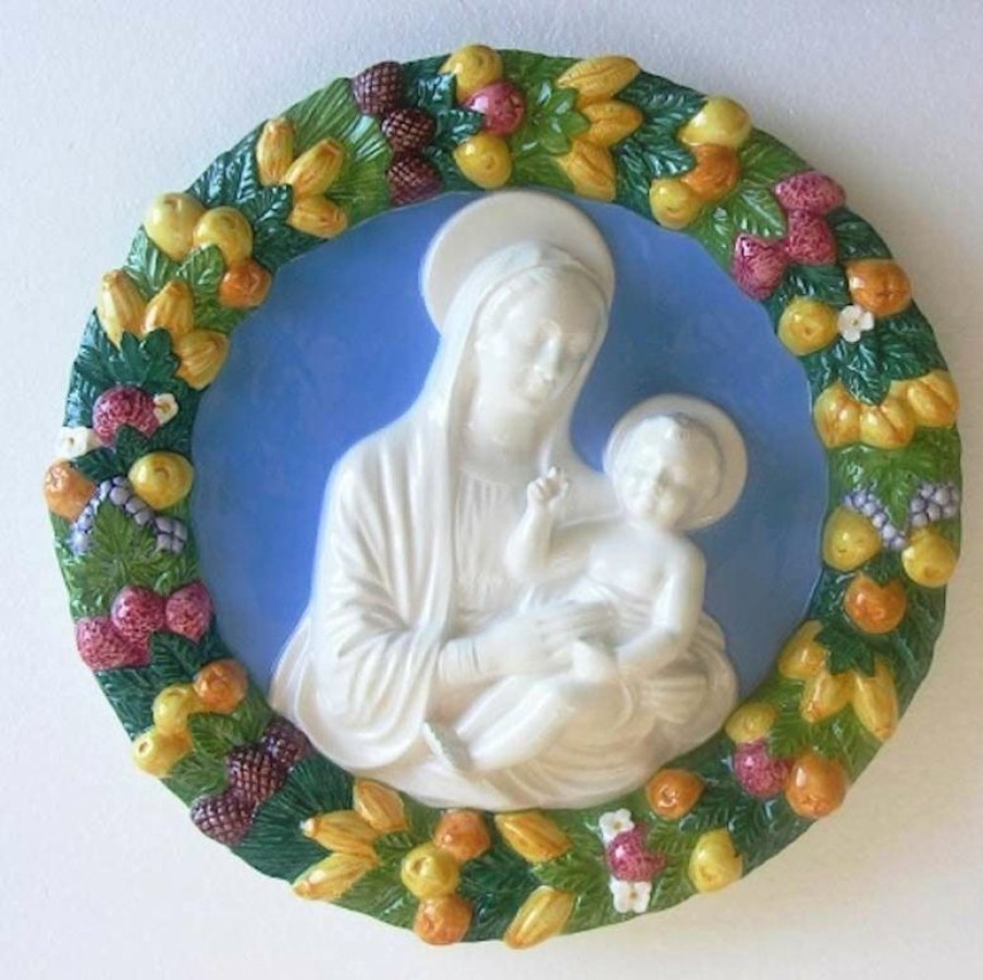 Luca della Robbia Ceramiche Madonna Con Bambino Tondo Da Parete Diam. Cm 38 (15 In) Bassorilievo Maiolica Robbiana Sacred & Religious Ceramics