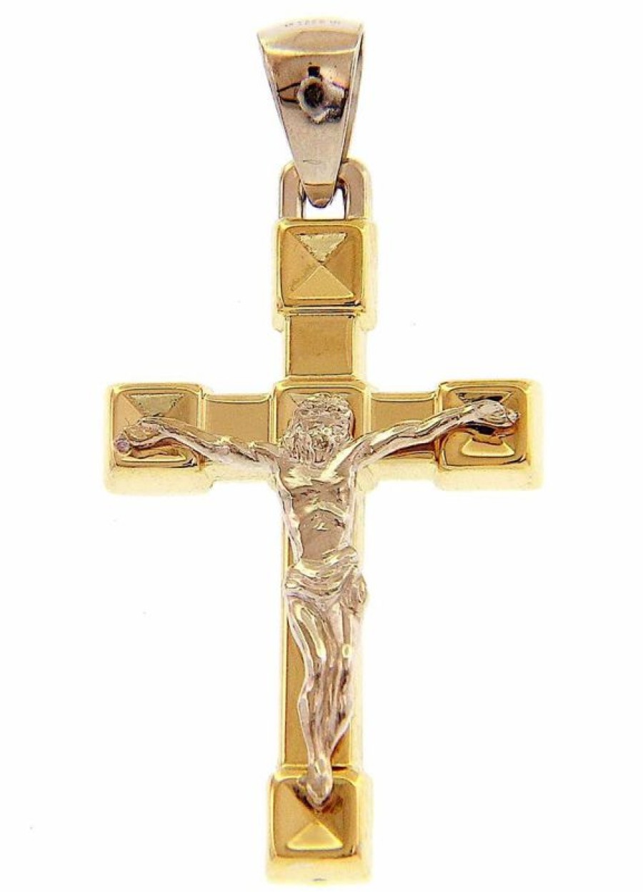 Vaticanum Gioielli in Oro Croce Dritta Finitura Diamantata Con Corpo Di Cristo Ciondolo Pendente Gr 2,4 Bicolore Oro Giallo Bianco 18Kt A Canna Vuota Uni Donna Uomo First Communion