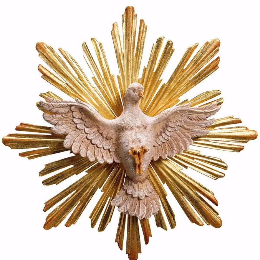 ULPE Sculture Sacre in legno Val Gardena Colomba Dello Spirito Santo Con Raggiera Set 2 Pezzi Cm 35 (13,8 Inch) Scultura Dipinta Ad Olio In Legno Val Gardena First Communion