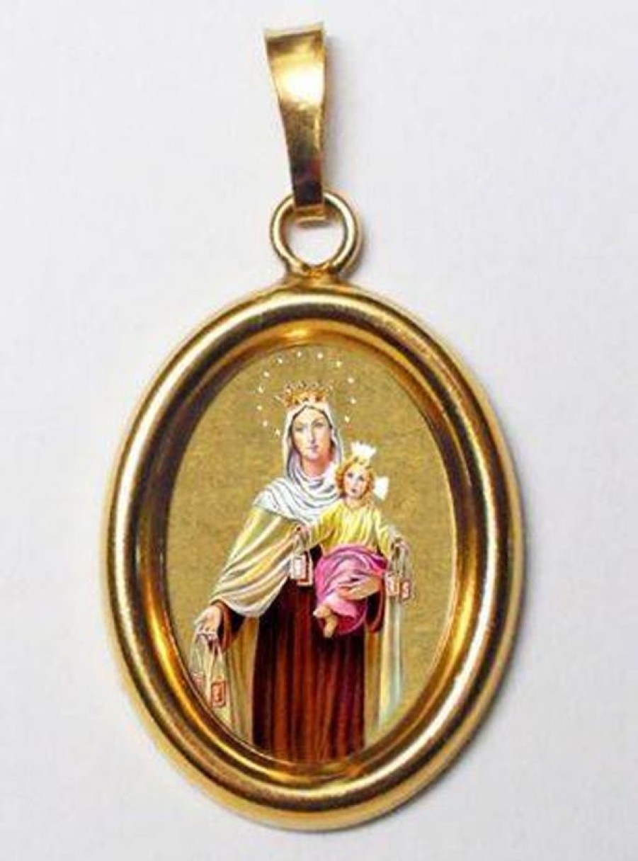 EB Arte Sacra Madonna Del Carmelo Ciondolo Pendente Ovale Mm 19X24 (0,75X0,95 Inch) Argento Placcato Oro E Porcellana Uni Uomo Donna Confirmation