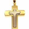 Vaticanum Gioielli in Oro Croce Doppia Stondata Ciondolo Pendente Gr 15,2 Bicolore Oro Massiccio Giallo Bianco 18Kt Uni Donna Uomo First Communion