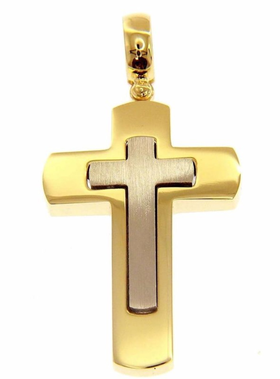 Vaticanum Gioielli in Oro Croce Doppia Stondata Ciondolo Pendente Gr 15,2 Bicolore Oro Massiccio Giallo Bianco 18Kt Uni Donna Uomo First Communion