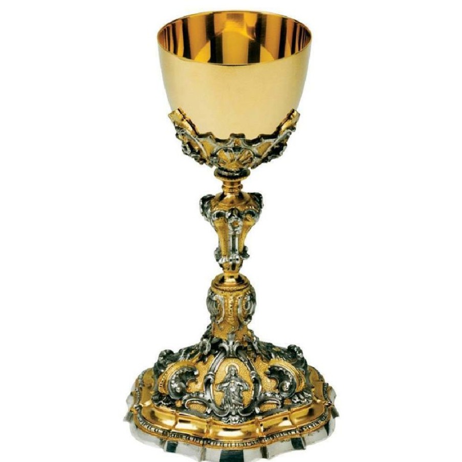 SEA Oggetti Liturgici in Oro e Argento Calice Liturgico Alto H. Cm 24 (9,4 Inch) Sacro Cuore E Gigli In Ottone Bicolore Da Altare Messa Sacred Altar Vessels