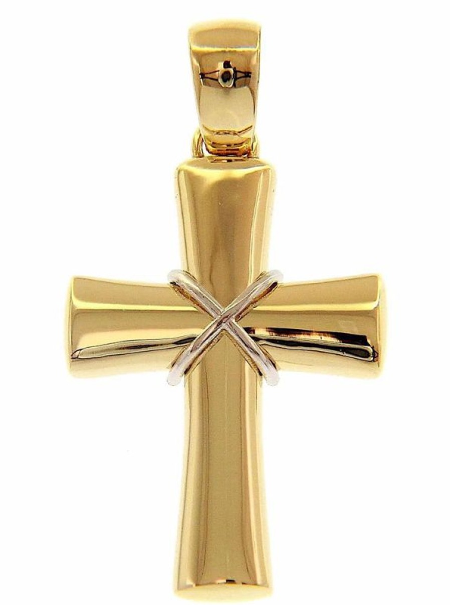 Vaticanum Gioielli in Oro Croce Svasata Con Nodo Ciondolo Pendente Gr 3,6 Bicolore Oro Massiccio Giallo Bianco 18Kt Uni Donna Uomo Confirmation