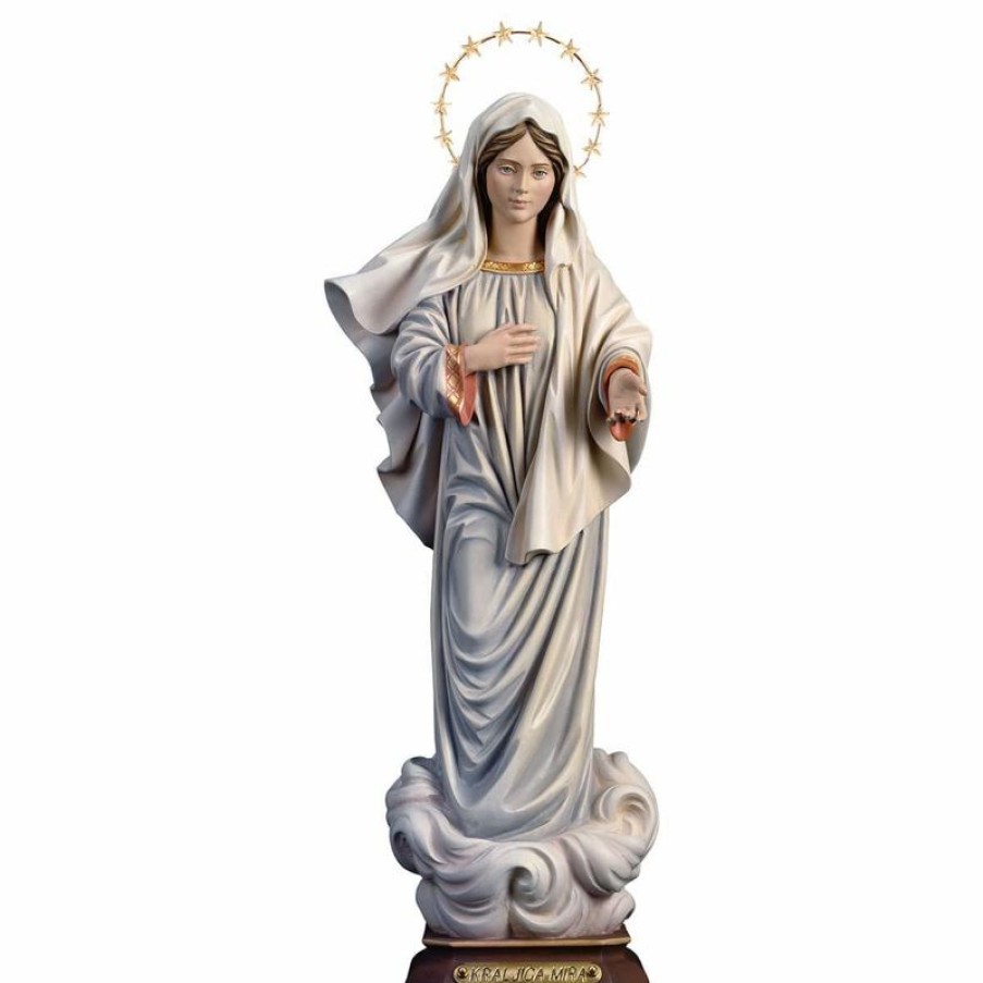 ULPE Sculture Sacre in legno Val Gardena Kraljice Mira Madonna Di Medjugorje Regina Della Pace Con Aureola Cm 30 (11,8 Inch) Statua Dipinta Ad Olio In Legno Val Gardena Religious & Catholic Necklaces