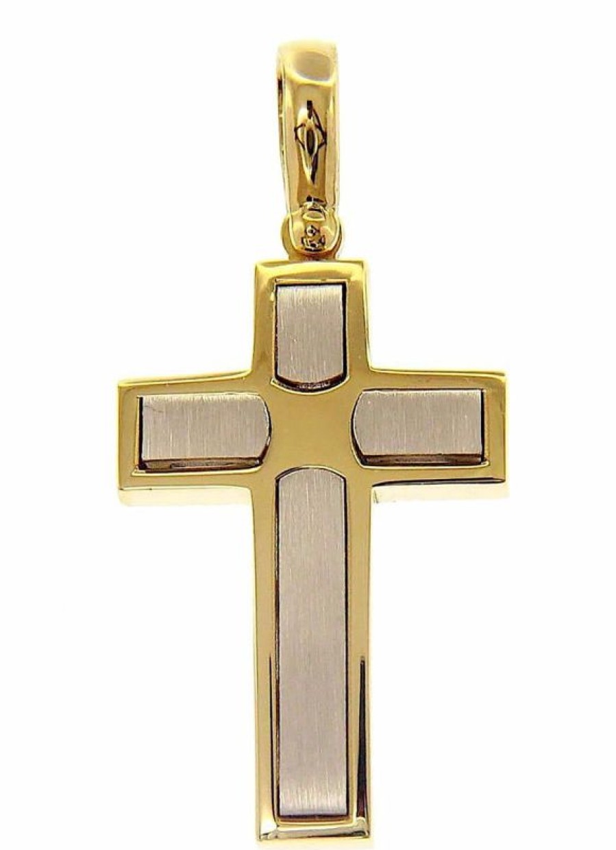 Vaticanum Gioielli in Oro Croce Dritta Con Inserti Ciondolo Pendente Gr 8,7 Bicolore Oro Massiccio Giallo Bianco 18Kt Uni Donna Uomo First Communion