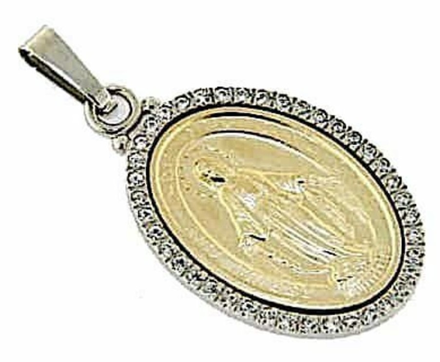 Vaticanum Gioielli in Oro Madonna Miracolosa Con Corona Punti Luce Medaglia Sacra Pendente Ovale Conio Gr 8,2 Bicolore Oro Giallo Bianco 18Kt Con Zirconi Da Donna Baptism