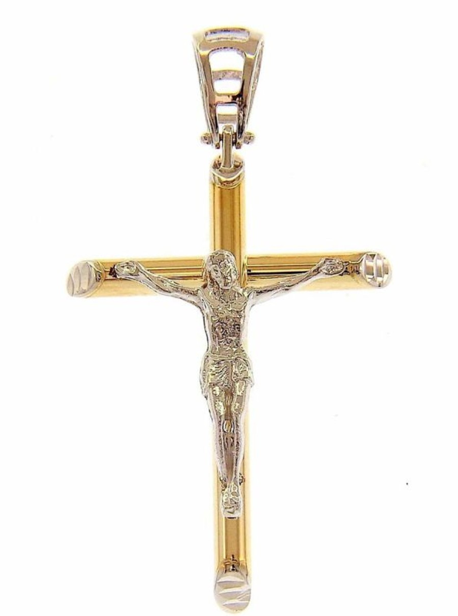 Vaticanum Gioielli in Oro Croce Cilindrica Con Corpo Di Cristo Scalpello Ciondolo Pendente Gr 4 Bicolore Oro Giallo Bianco 18Kt A Canna Vuota Uni Donna Uomo First Communion