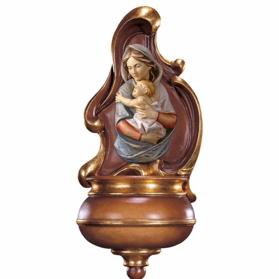 ULPE Addobbi Natalizi in legno Acquasantiera Con Busto Di Madonna Cm 17 (6,7 Inch) Scultura Da Parete Dipinta Ad Olio In Legno Val Gardena Sacred & Religious Ceramics