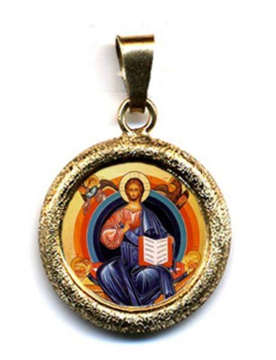 EB Arte Sacra Cristo In Trono Ciondolo Pendente Tondo Diamantato Diam Mm 19 (0,75 Inch) Argento Placcato Oro E Porcellana Uni Uomo Donna Confirmation