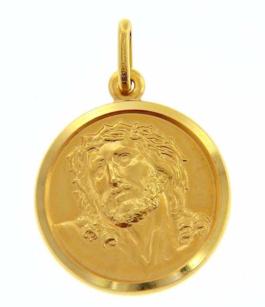 Vaticanum Gioielli in Oro Ecce Homo Sacro Volto Di Gesu Con Corona Di Spine Medaglia Sacra Pendente Tonda Conio Gr 4,9 Oro Giallo 18Kt Uni Donna Uomo Italian Rosaries & Made In Italy Jewelry