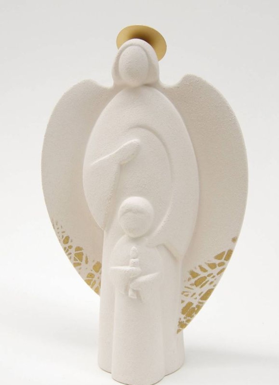 Centro Ave Loppiano Angelo Mon Ami Gold Cm 20 (7,9 Inch) Scultura In Argilla Refrattaria Bianca Ceramica Centro Ave Loppiano Sacred & Religious Ceramics