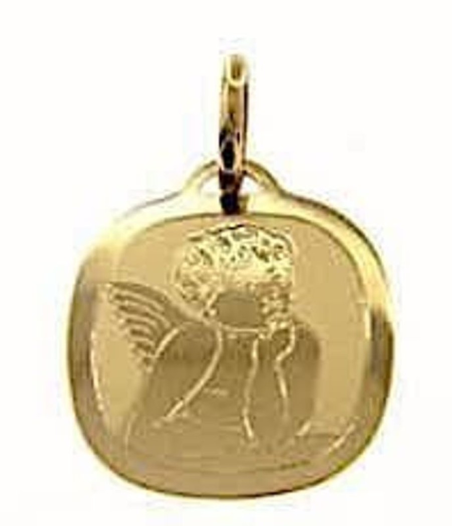 Vaticanum Gioielli in Oro Angelo Di Raffaello Medaglia Sacra Pendente Quadrata Gr 0,95 Oro Giallo 18Kt Con Incisione Laser Donna Bimba Bimbo Baptism