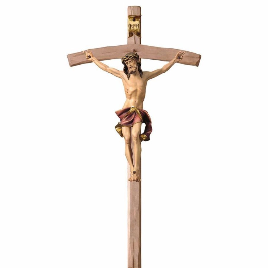 ULPE Crocifisso Nazareno Barocco Romanico Crocifisso Nazareno Rosso Su Croce Curva Cm 23X12 (9,1X4,7 Inch) Scultura Da Parete Dipinta Ad Olio In Legno Val Gardena Jesus Statues