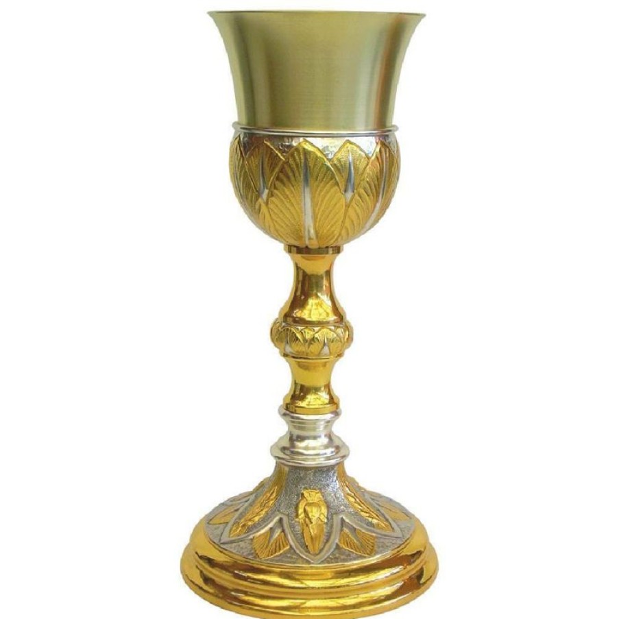 SEA Oggetti Liturgici in Oro e Argento Calice Liturgico Alto H. Cm 26 (10,2 Inch) Gigli E Spighe In Ottone Bicolore Da Altare Messa Sacred Altar Vessels