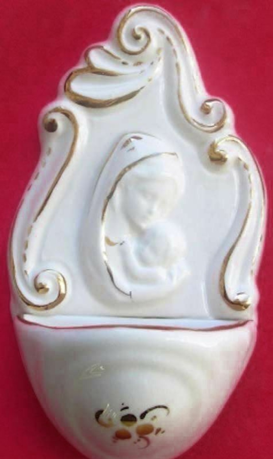 Maioliche Deruta Madonna Con Bambino Acquasantiera Cm 14 (5,5 In) Ceramica Invetriata Bianca Filo Oro Sacred & Religious Ceramics