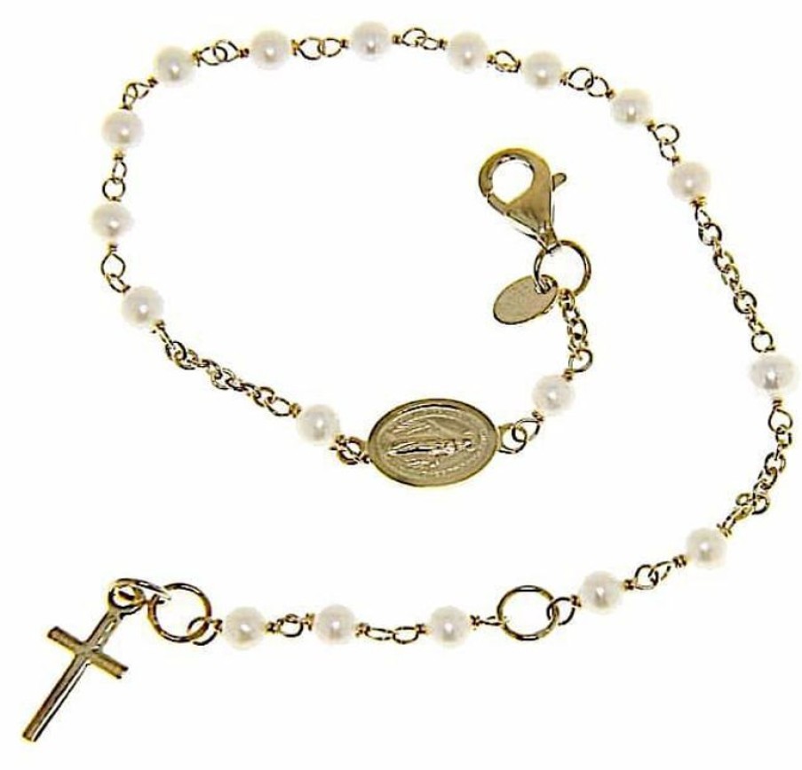 Vaticanum Gioielli in Oro Bracciale Rosario Con Medaglia Madonna Miracolosa E Croce Gr 3,1 Oro Giallo 18Kt Con Perle Donna Bimba Bimbo Baptism