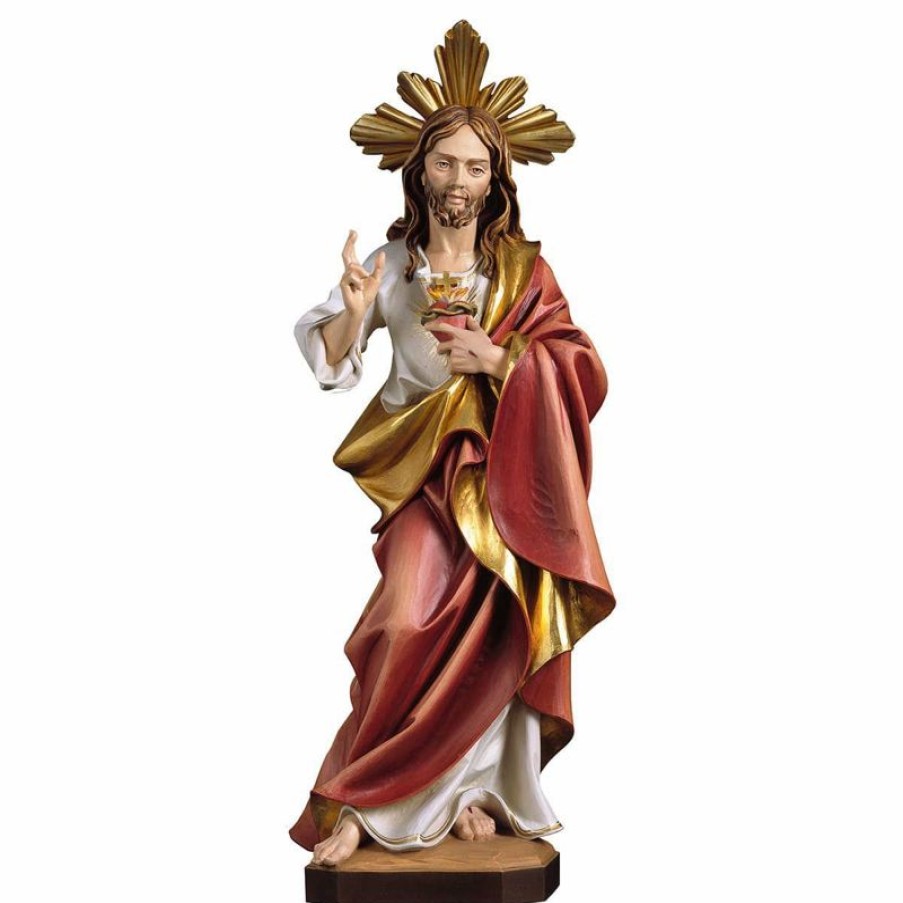 ULPE Sculture Sacre in legno Val Gardena Sacro Cuore Di Gesu Con Raggiera Cm 60 (23,6 Inch) Statua Dipinta Ad Olio In Legno Val Gardena Religious & Catholic Medals