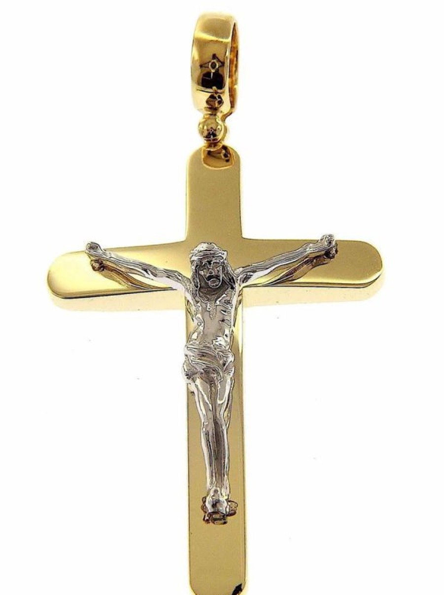 Vaticanum Gioielli in Oro Croce Stondata Con Corpo Di Cristo Ciondolo Pendente Gr 14,5 Bicolore Oro Massiccio Giallo Bianco 18Kt Uni Donna Uomo Confirmation