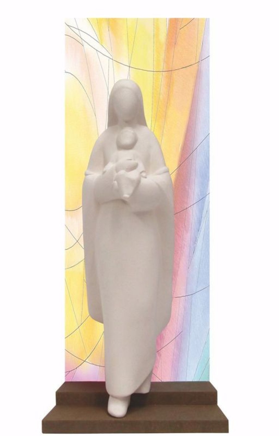 Centro Ave Loppiano Madonna Con Bambino In Uscita Con Vetrata In Plexiglass Cm 30 (11,8 Inch) Scultura Da Tavolo In Argilla Bianca Ceramica Centro Ave Loppiano Sacred & Religious Ceramics