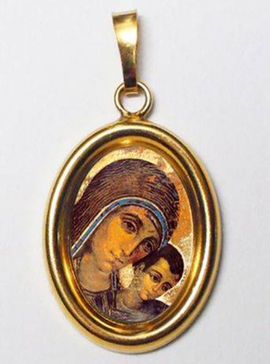 EB Arte Sacra Madonna Del Cammino Ciondolo Pendente Ovale Mm 19X24 (0,75X0,95 Inch) Argento Placcato Oro E Porcellana Uni Uomo Donna Italian Rosaries & Made In Italy Jewelry