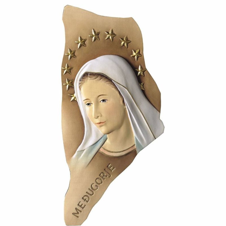 ULPE Sculture Sacre in legno Val Gardena Bassorilievo Madonna Di Medjugorje Con Stellario Cm 8 (3,1 Inch) Statua Dipinta Ad Olio In Legno Val Gardena Religious & Catholic Necklaces