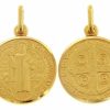 Vaticanum Gold Jewelry Cross Of Saint Benedict Crux Sancti Patris Benedicti Coining Sacred Medal Round Pendant Gr 6,7 Yellow Gold 18K Smooth Edge Uni Woman Man First Communion