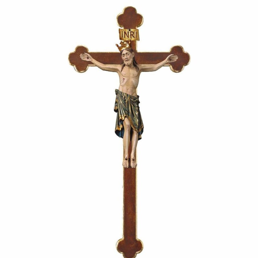 ULPE Crocifisso Nazareno Barocco Romanico Crocifisso Romanico Blu Con Corona Su Croce Barocca Cm 67X35 (26,4X13,8 Inch) Scultura Da Parete Antichizzata Oro In Legno Val Gardena Jesus Statues