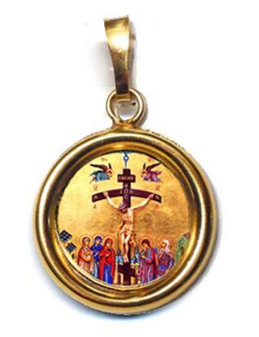 EB Arte Sacra Crocifissione Ciondolo Pendente Tondo Liscio Diam Mm 19 (0,75 Inch) Argento Placcato Oro E Porcellana Uni Uomo Donna Confirmation