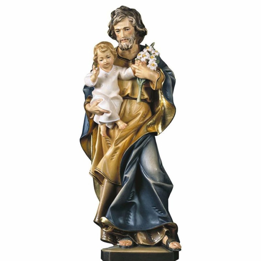 ULPE Sculture Sacre in legno Val Gardena Statua San Giuseppe Con Bambino E Giglio Cm 140 (55,1 Inch) Dipinta Ad Olio In Legno Val Gardena Cross Pendant