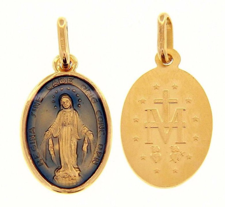 Vaticanum Gioielli in Oro Madonna Miracolosa Medaglia Sacra Pendente Ovale Conio Gr 2,2 Oro Giallo 18Kt Con Smalto Blu Da Donna Baptism