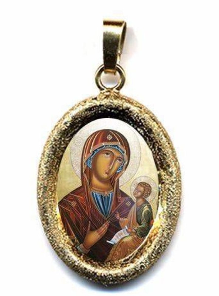 EB Arte Sacra Madonna Con Bambino Ciondolo Pendente Ovale Diamantato Mm 19X24 (0,75X0,95 Inch) Argento Placcato Oro E Porcellana Uni Uomo Donna Italian Rosaries & Made In Italy Jewelry