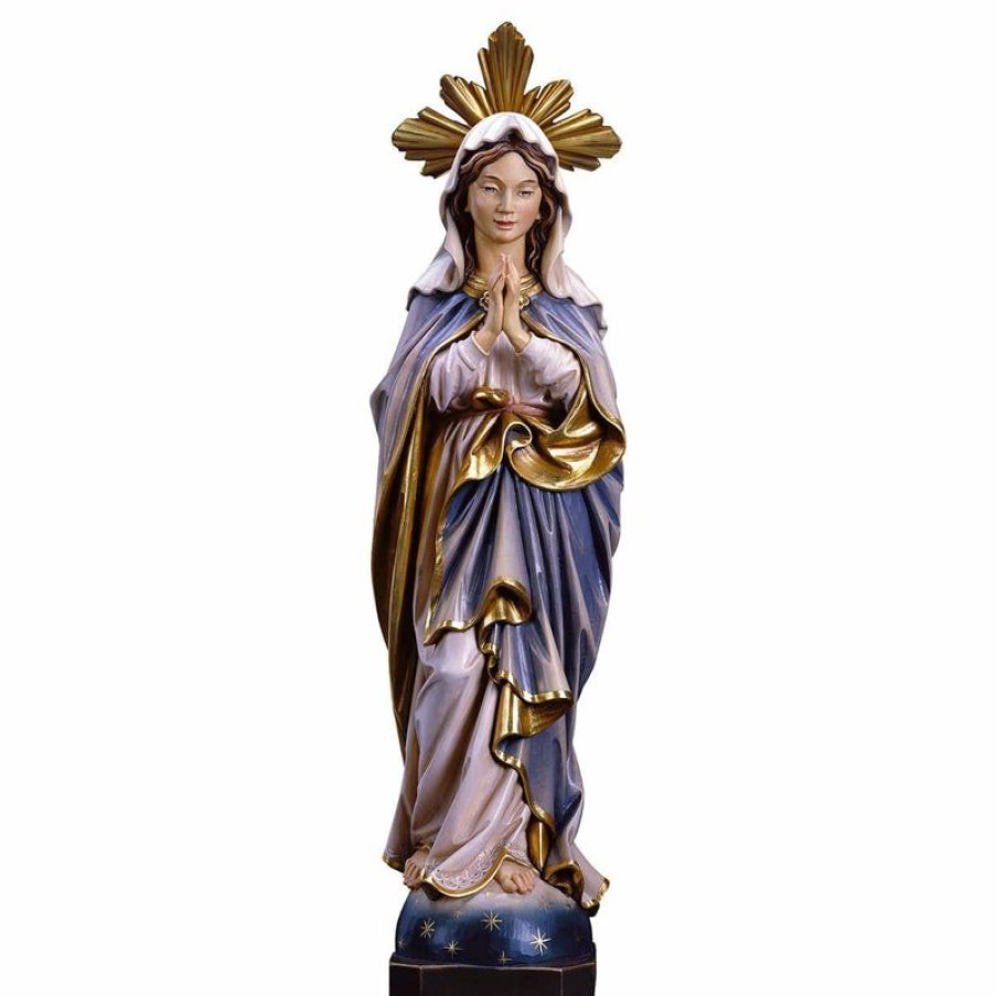 ULPE Sculture Sacre in legno Val Gardena Madonna Immacolata Che Prega Con Raggiera Cm 15 (5,9 Inch) Statua Dipinta Ad Olio In Legno Val Gardena Religious & Catholic Necklaces