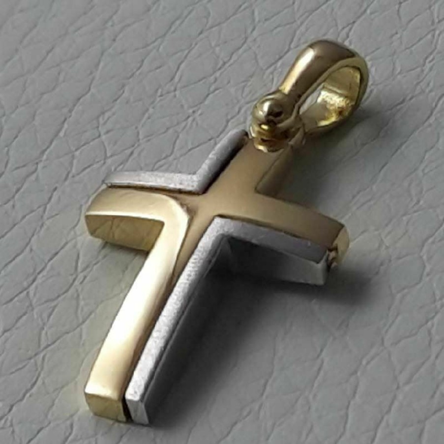 Vaticanum Gioielli in Oro Croce Doppia Moderna Ciondolo Pendente Gr 2,7 Bicolore Oro Massiccio Giallo Bianco 18Kt Uni Donna Uomo First Communion