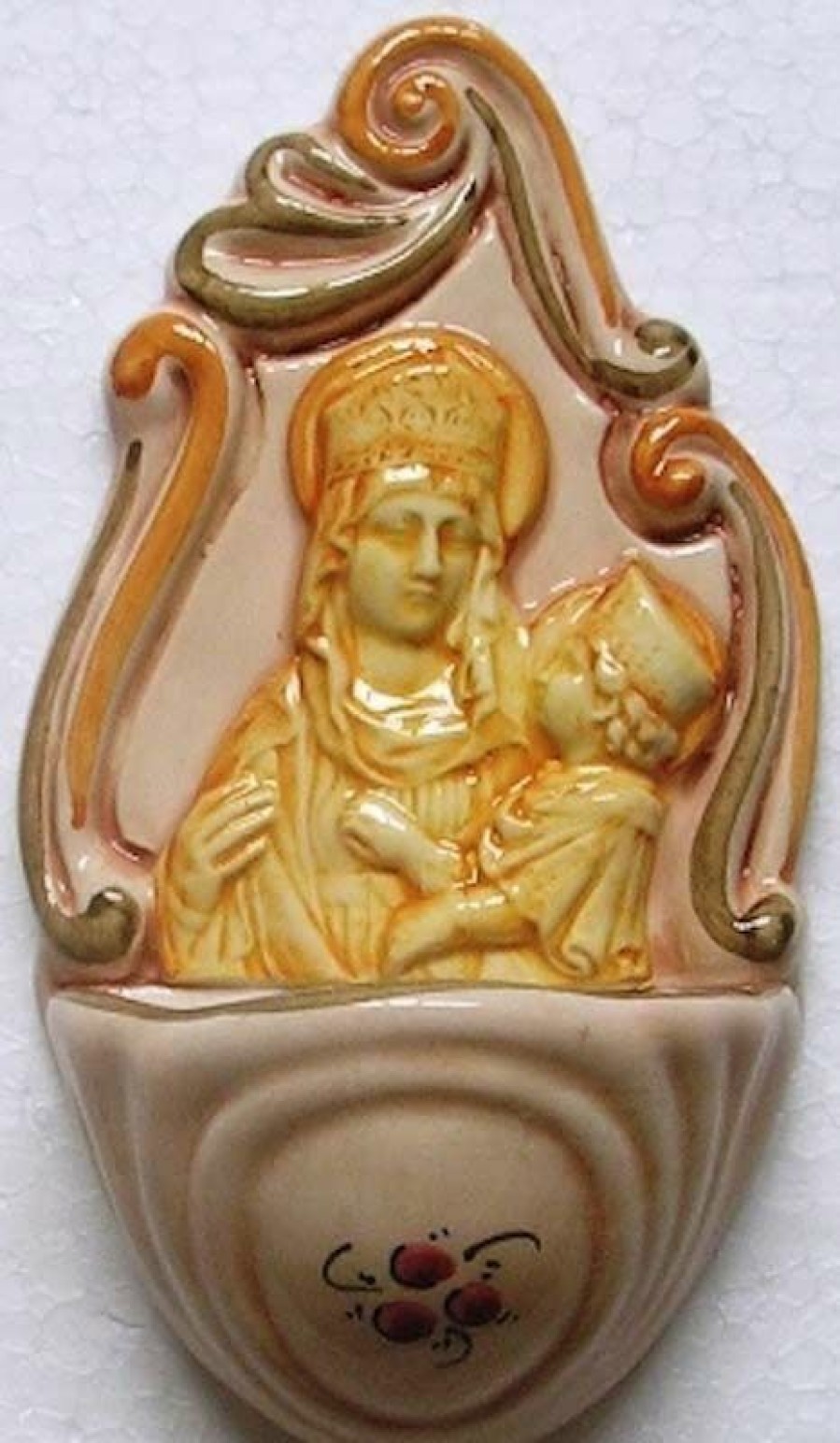 Maioliche Deruta Beata Vergine Con Bambino E Fiori Acquasantiera Cm 14 (5,5 In) Ceramica Invetriata Dipinta A Mano Sacred & Religious Ceramics