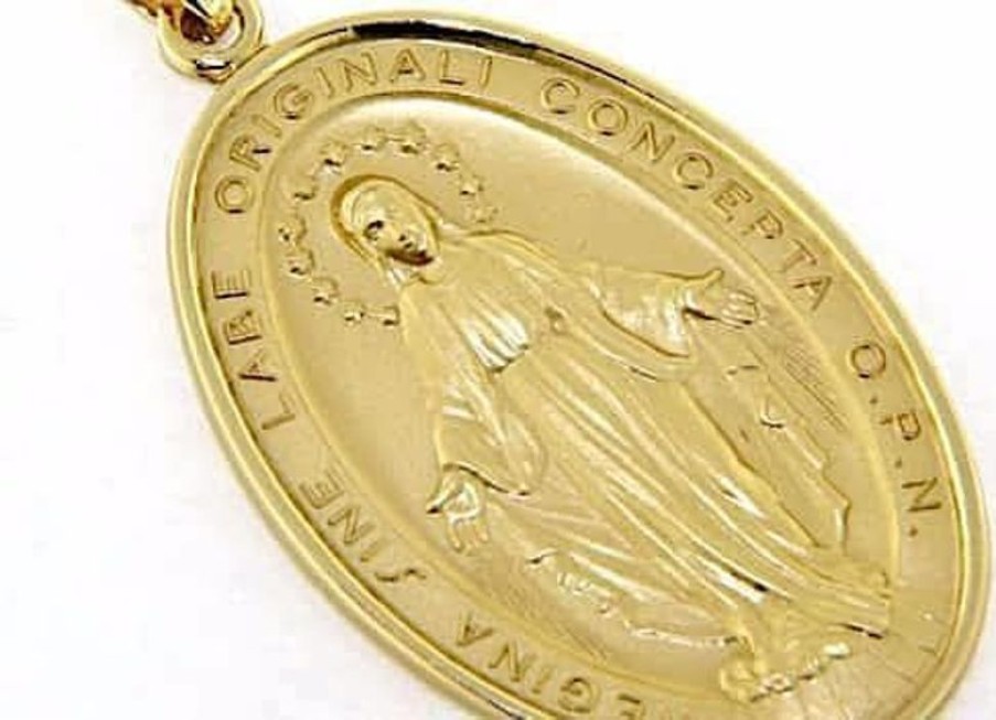 Vaticanum Gioielli in Oro Madonna Miracolosa Regina Sine Labe Originali Concepta O.P.N. Medaglia Sacra Pendente Ovale Conio Gr 23,8 Oro Giallo 18Kt Uni Donna Uomo Baptism