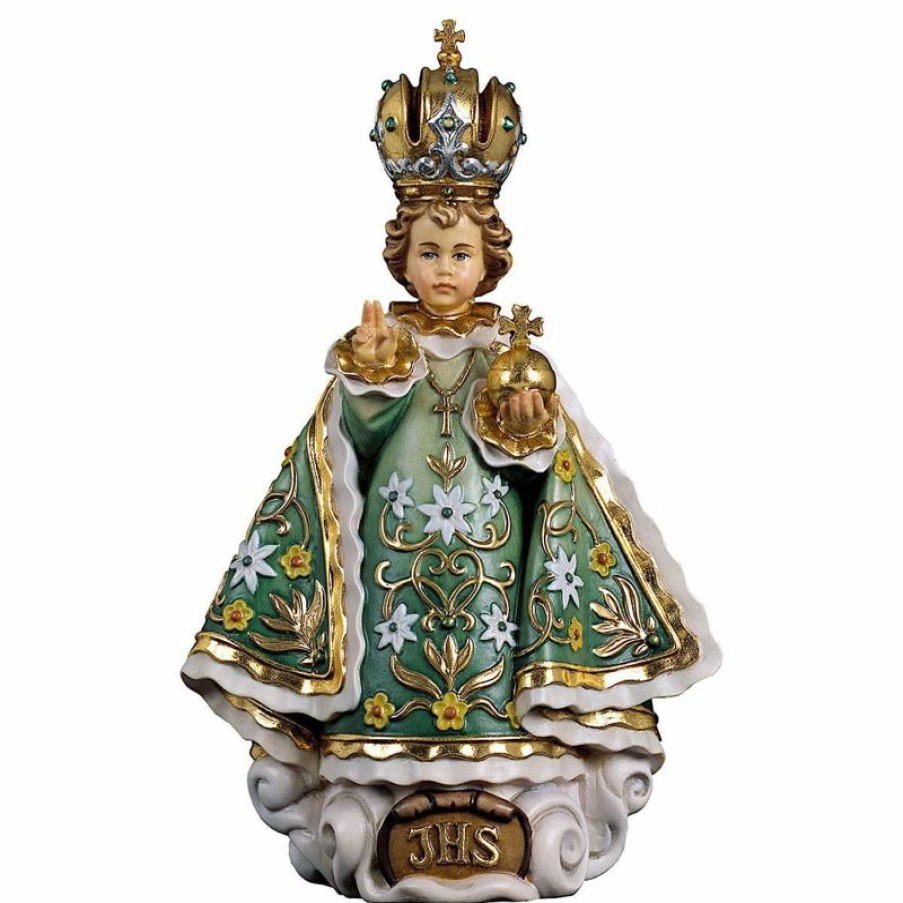 ULPE Sculture Sacre in legno Val Gardena Gesu Bambino Di Praga Verde Cm 30 (11,8 Inch) Statua Dipinta Ad Olio In Legno Val Gardena Religious & Catholic Medals