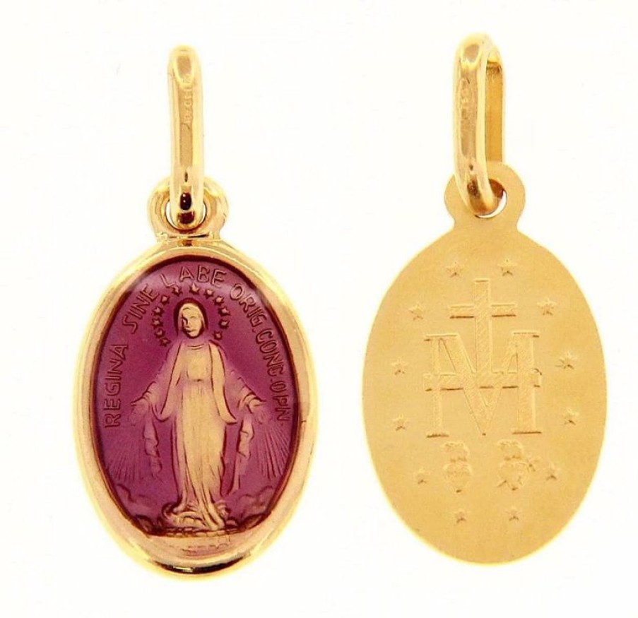 Vaticanum Gioielli in Oro Madonna Miracolosa Medaglia Sacra Pendente Ovale Conio Gr 1,4 Oro Giallo 18Kt Con Smalto Viola Da Donna Baptism