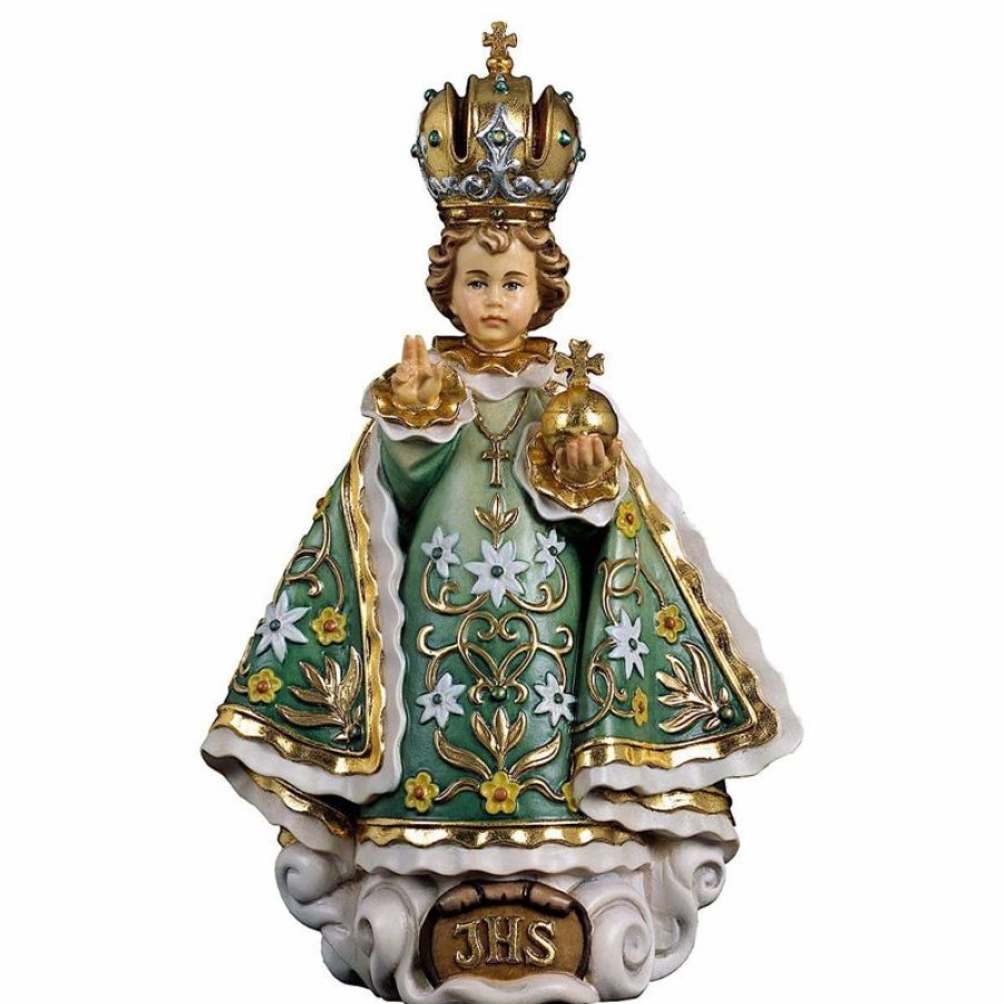 ULPE Sculture Sacre in legno Val Gardena Gesu Bambino Di Praga Verde Cm 70 (27,6 Inch) Statua Dipinta Ad Olio In Legno Val Gardena Religious & Catholic Medals