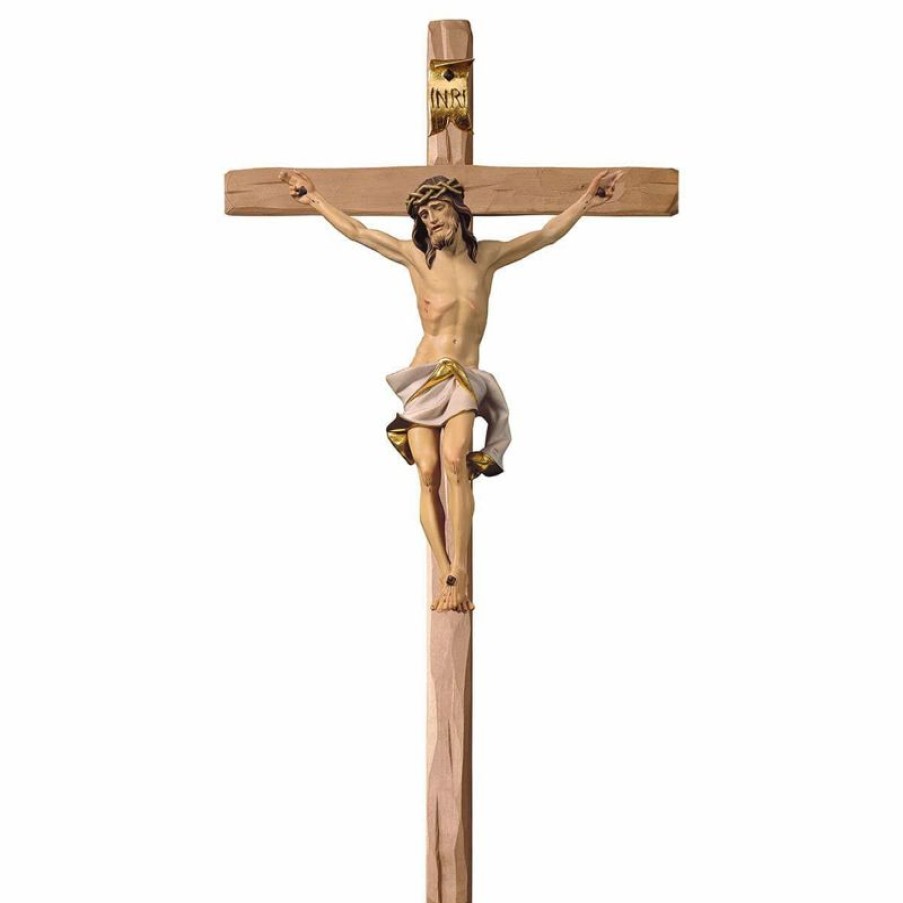 ULPE Crocifisso Nazareno Barocco Romanico Crocifisso Nazareno Bianco Su Croce Dritta Cm 84X44 (33,1X17,3 Inch) Scultura Da Parete Dipinta Ad Olio In Legno Val Gardena Jesus Statues