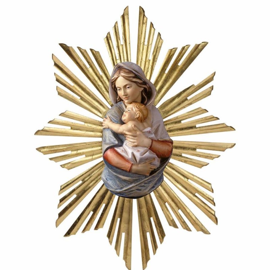 ULPE Sculture Sacre in legno Val Gardena Busto Madonna Con Raggiera Cm 23 (9,1 Inch) Statua Da Parete Dipinta Ad Olio In Legno Val Gardena Religious & Catholic Necklaces