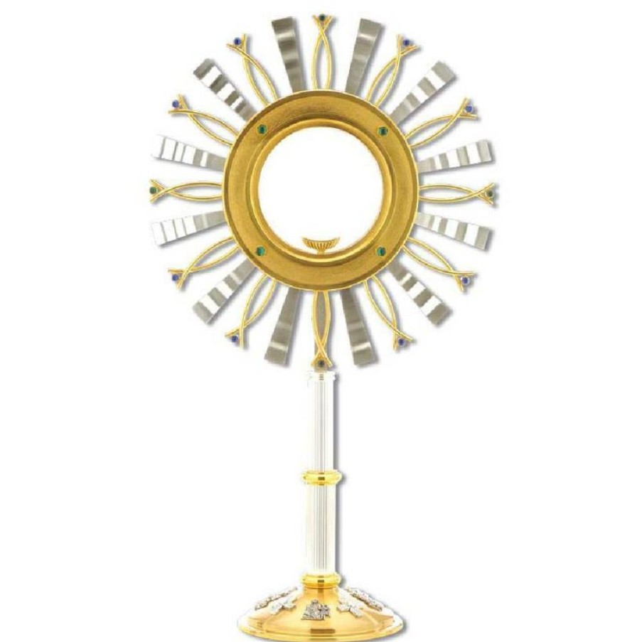 SEA Oggetti Liturgici in Oro e Argento Ostensorio Con Lunetta H. Cm 70 (27,6 Inch) Con Pietre Blu E Verdi In Ottone Bicolore Esposizione Ostia Consacrata Church Furniture