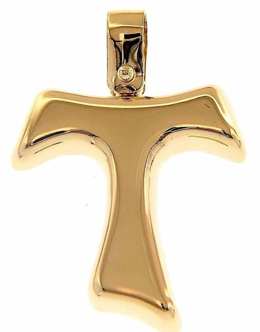 Vaticanum Gioielli in Oro Croce Tau Di San Francesco Bombata Ciondolo Pendente Gr 1,7 Oro Giallo 18Kt A Canna Vuota Uni Donna Uomo Confirmation