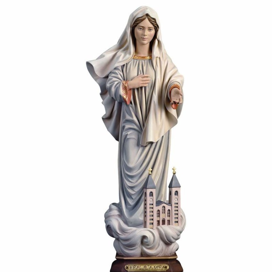 ULPE Sculture Sacre in legno Val Gardena Kraljice Mira Madonna Di Medjugorje Regina Della Pace Con Chiesa Cm 23 (9,1 Inch) Statua Dipinta Colori Ad Olio Legno Val Gardena Religious & Catholic Necklaces