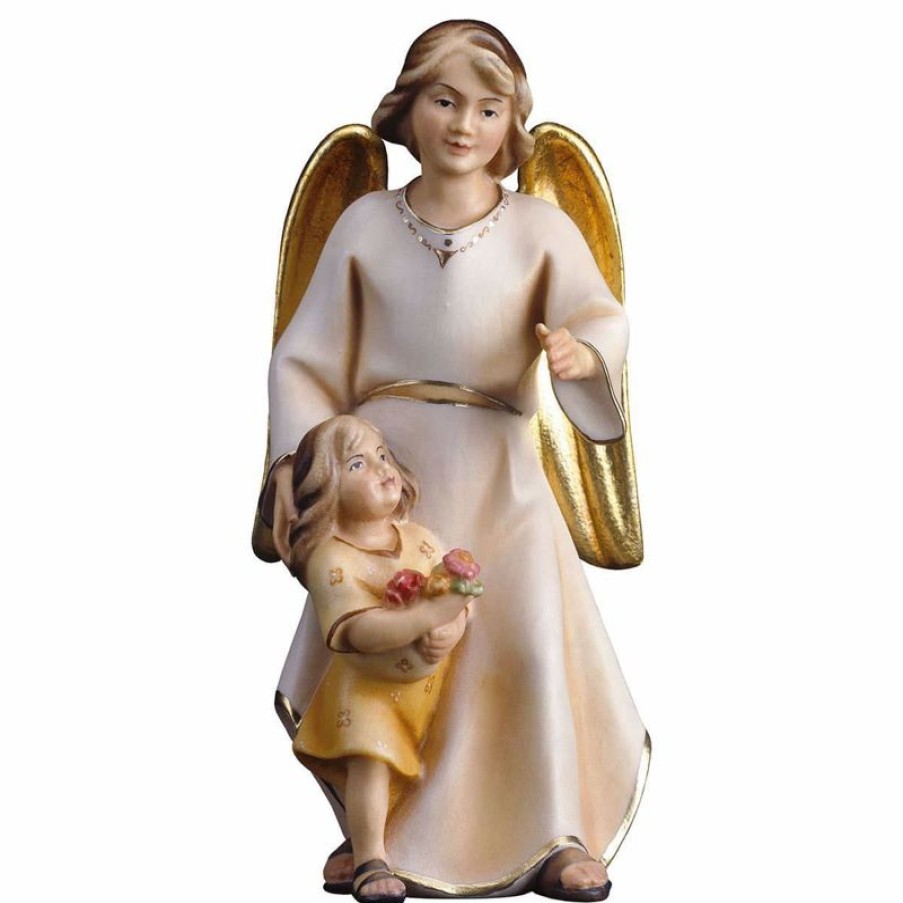 ULPE Addobbi Natalizi in legno Angelo Custode Moderno Con Bambina Cm 23 (9,1 Inch) Scultura In Legno Val Gardena Dipinta Ad Olio Holy Cards & Prayer Cards