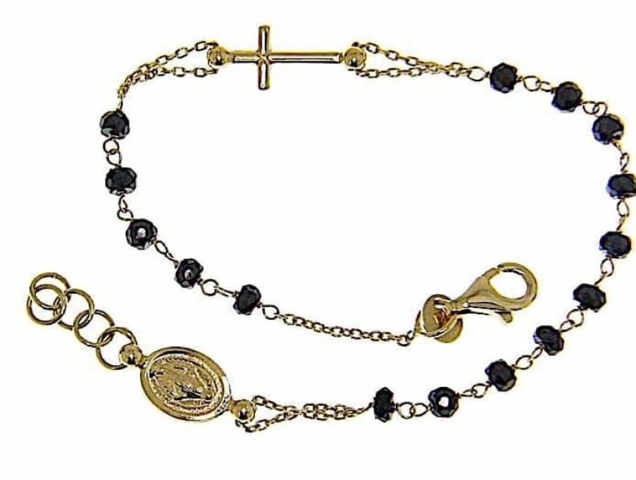 Vaticanum Gioielli in Oro Bracciale Rosario Con Medaglia Madonna Miracolosa E Croce Catena Passante Gr 3,6 Oro Giallo 18Kt Con Onice Uni Donna Uomo First Communion