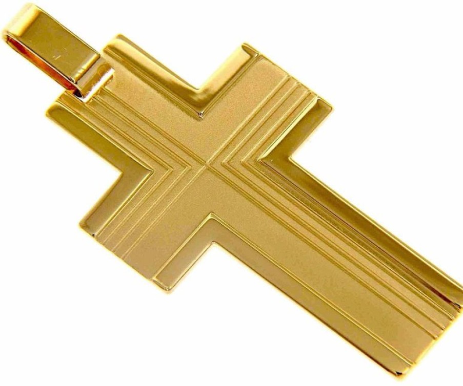 Vaticanum Gioielli in Oro Croce Stile Moderno Ciondolo Pendente Gr 8,9 Oro Giallo Massiccio 18Kt Lavorazione Rigata Da Uomo Confirmation