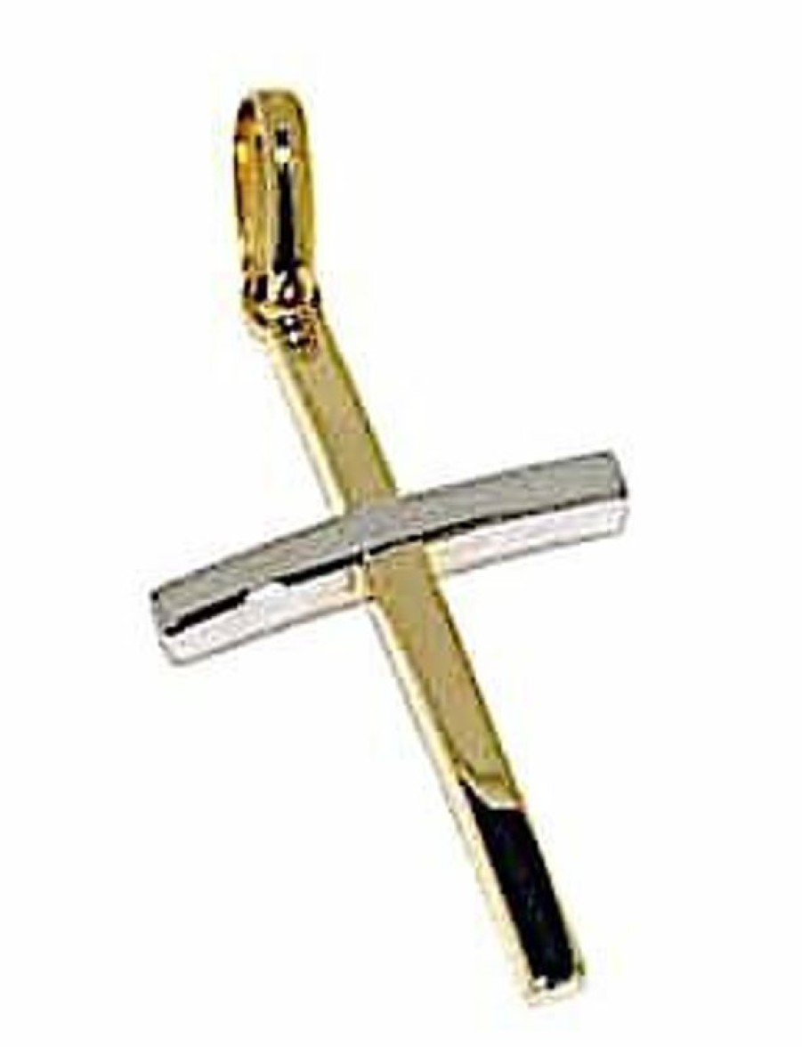 Vaticanum Gioielli in Oro Croce Dritta Moderna Ciondolo Pendente Gr 1,1 Bicolore Oro Giallo Bianco 18Kt A Canna Vuota Uni Donna Uomo First Communion