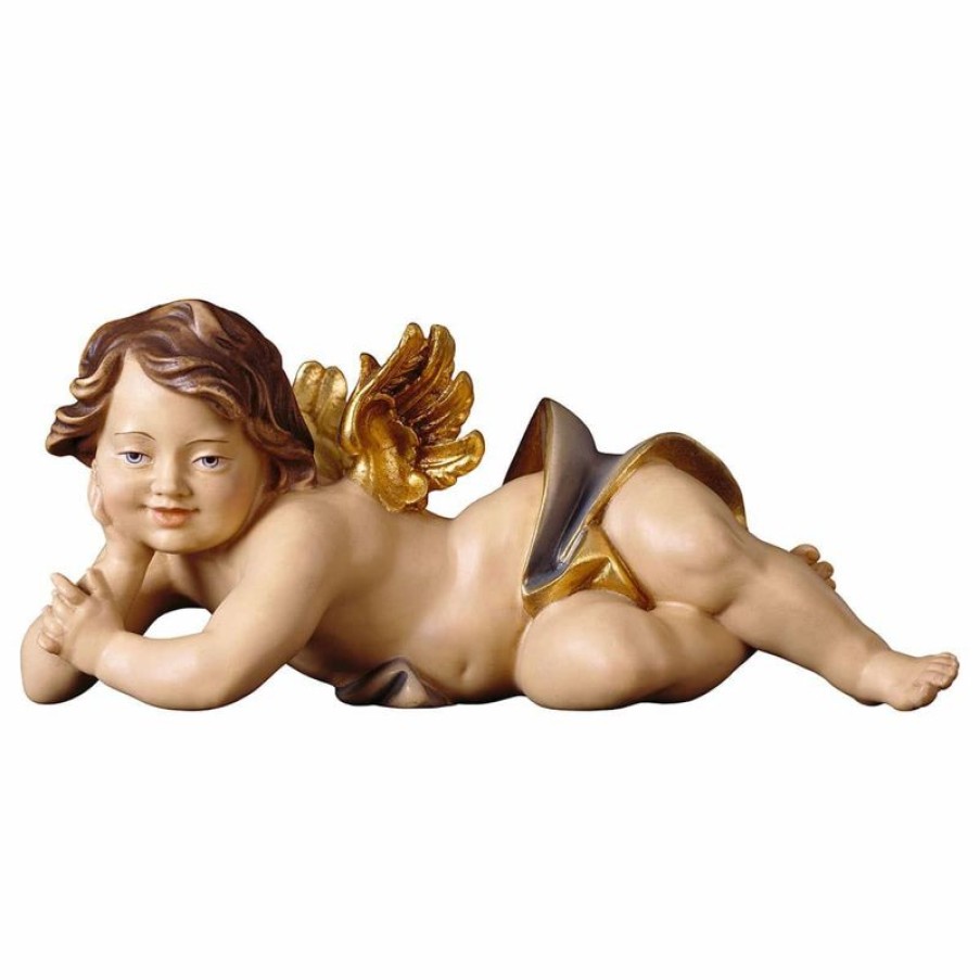 ULPE Addobbi Natalizi in legno Putto Angelo Cherubino Sdraiato Destro Cm 15 (5,9 Inch) Scultura In Legno Val Gardena Dipinta Ad Olio Baptism