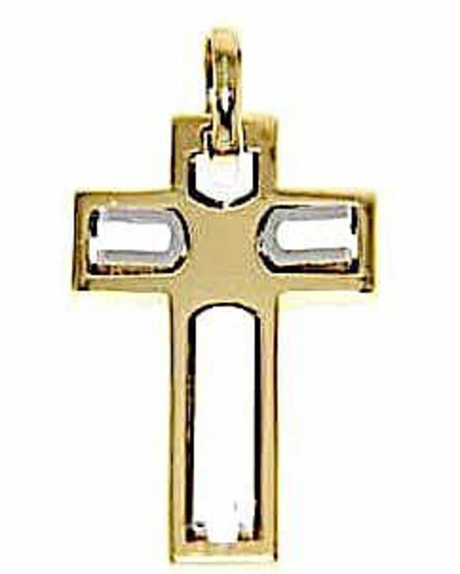 Vaticanum Gioielli in Oro Croce Dritta Con Inserti Ciondolo Pendente Gr 4,9 Bicolore Oro Massiccio Giallo Bianco 18Kt Da Uomo First Communion